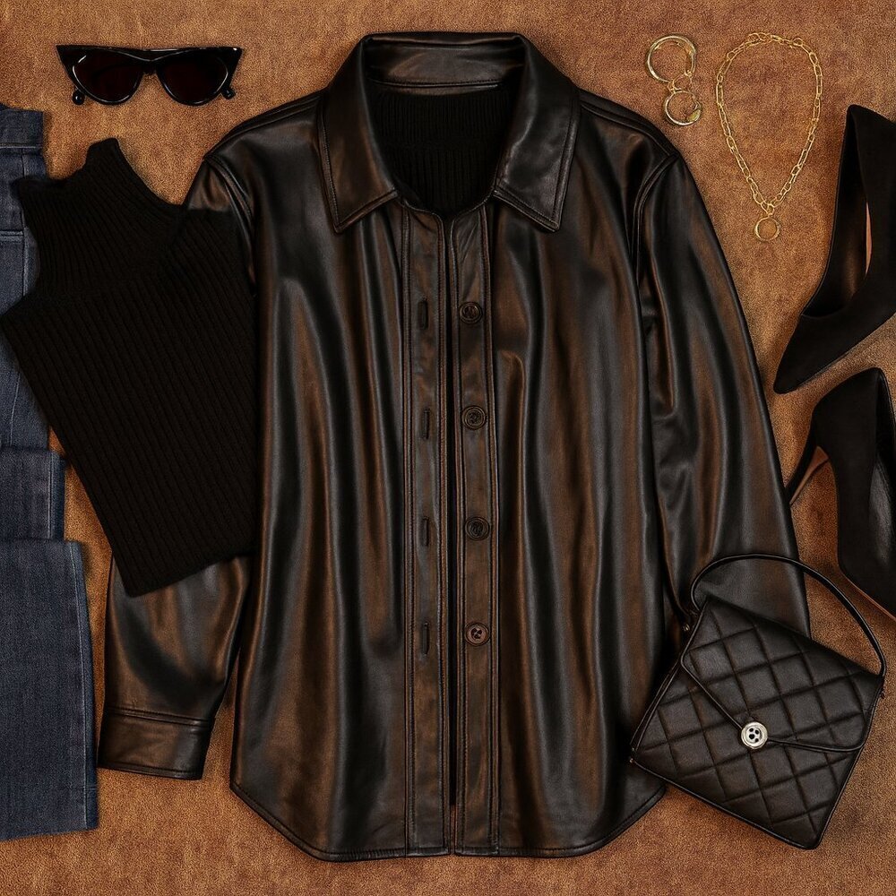 Nicole Miller Black Faux Leather Shacket Shirt Jacket Oversized M - Picture 11 of 11